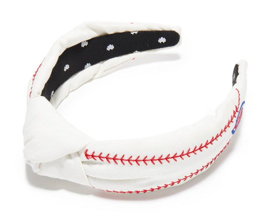 Image of Lele Sadoughi Baseball Embroidered Knotted Cubs baseball headband on a white image