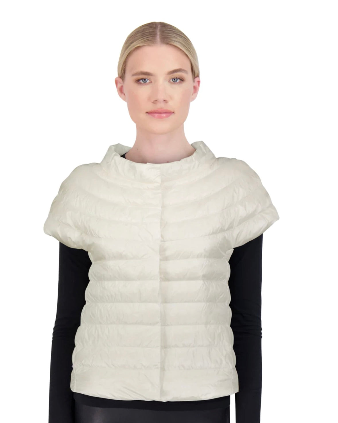 Model wearing Cotes of London St Barts Down Vest ivory color on a white background