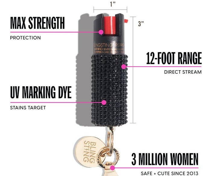 Image of Blingsting Pepper Spray Black Rhinestone on a white background with descriptions